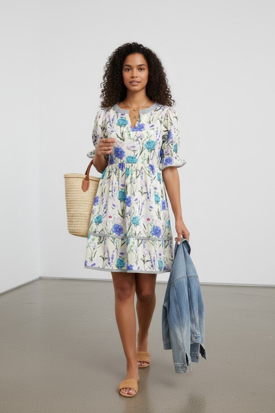 Umgee NWT Blue Floral Babydoll Mini Dress Tiered Cotton Size L